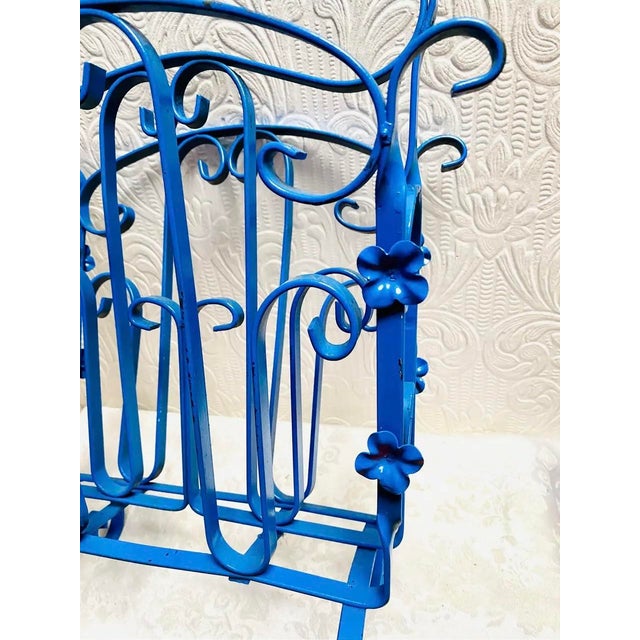 Metal Vintage Mid Century Blue Enameled Scrolled Iron and Flowers Magazine Rack For Sale - Image 7 of 12