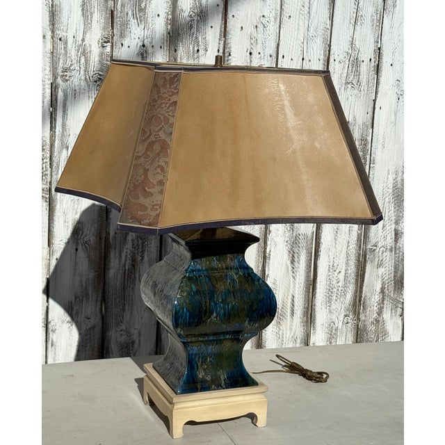1940s Monumental Square Hollywood Regency Blue Multicolor Large Lamp Style After Fortuny & Parchment Shade For Sale - Image 12 of 18