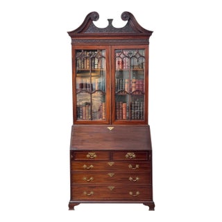 Early George III Mahogany Bureau Bookcase With Carved Swan Neck Pediment For Sale