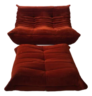 Set of Amber Corduroy Togo Pouf and 2-Seat Sofa by Michel Ducaroy for Ligne Roset