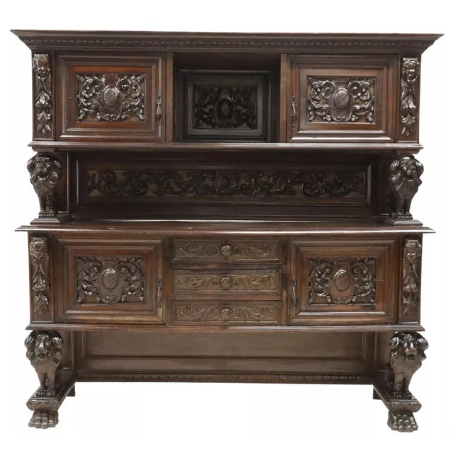 Antique Sideboard, Lions, Fine, Italian Renaissance Revival, Carved, Walnut, 1800s, 19th Century! This antique sideboard...