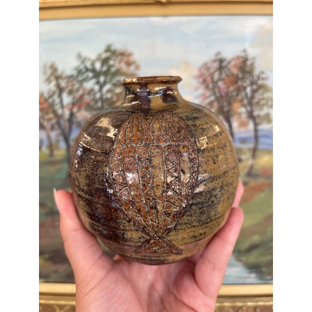 Studio Pottery Vase by Nelson With Incised Geometric Motifs and Earthy Glaze. For Sale - Image 4 of 9