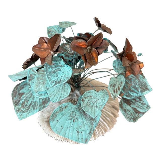 Vintage Verdigris Metal Floral Sculpture With Copper Blooms – Coastal Grandmillennial Ralph Lauren Style Decor For Sale