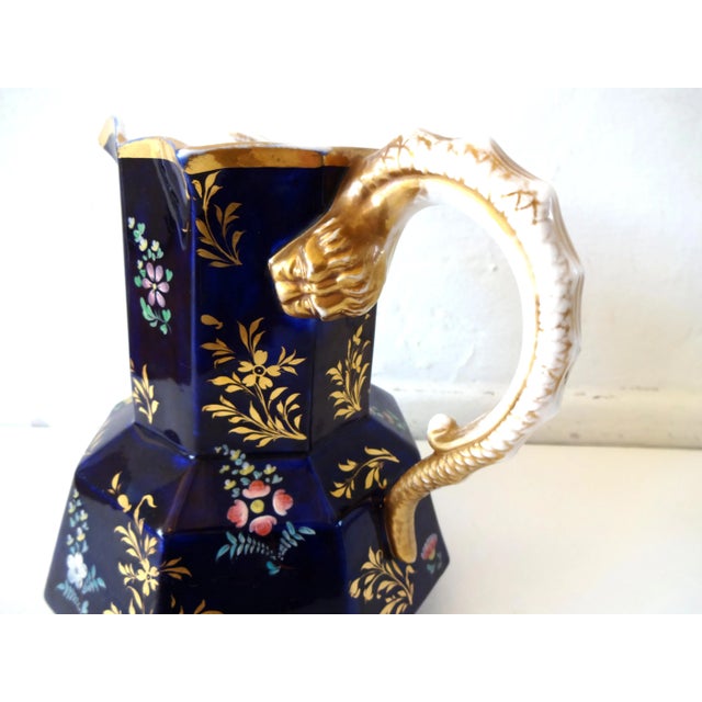 Victorian Antique Mason's Staffordshire Ironstone Mazarine Cobalt Blue Pitcher W/ Enamel & Gilt Floral Sprigs Serpent "Hydra" Handle 1813-1820 For Sale - Image 3 of 13
