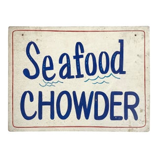 Vintage Red/White/Blue Seafood Chowder Wood Sign For Sale