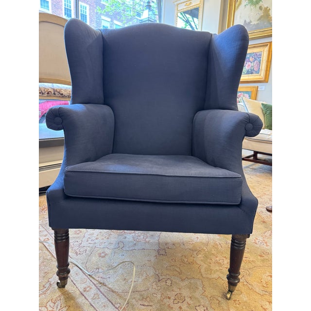 19th Century 1800s Antique Wingback Blue Linen Chair For Sale - Image 5 of 6