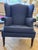 19th Century 1800s Antique Wingback Blue Linen Chair For Sale - Image 5 of 6