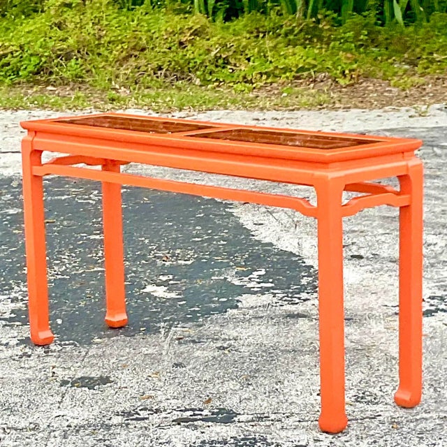 Wood Late 20th Century Vintage Regency Orange Lacquered Fretwork Console Table For Sale - Image 7 of 8