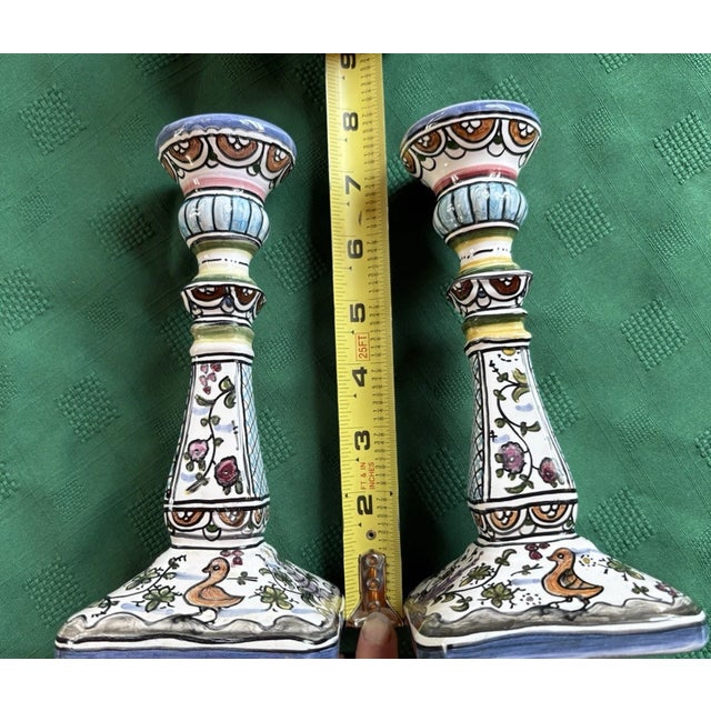 Vintage MCM Floral Hand Painted Portugal Candlesticks -Pair For Sale - Image 4 of 6