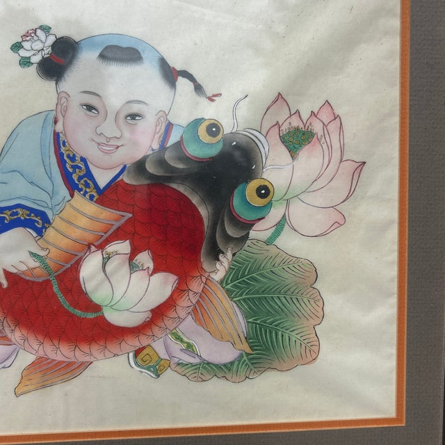 1950s Original (Not a Print) Mid-Century Hand-Painted Chinese Nianhua Folk Art Painting in Custom Gilt Faux-Bamboo Frame For Sale - Image 4 of 6