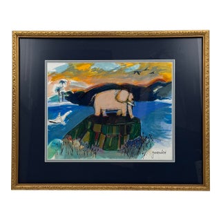 Signed Barbara Grandis Original Watercolor & Ink Elephant Painting Framed For Sale