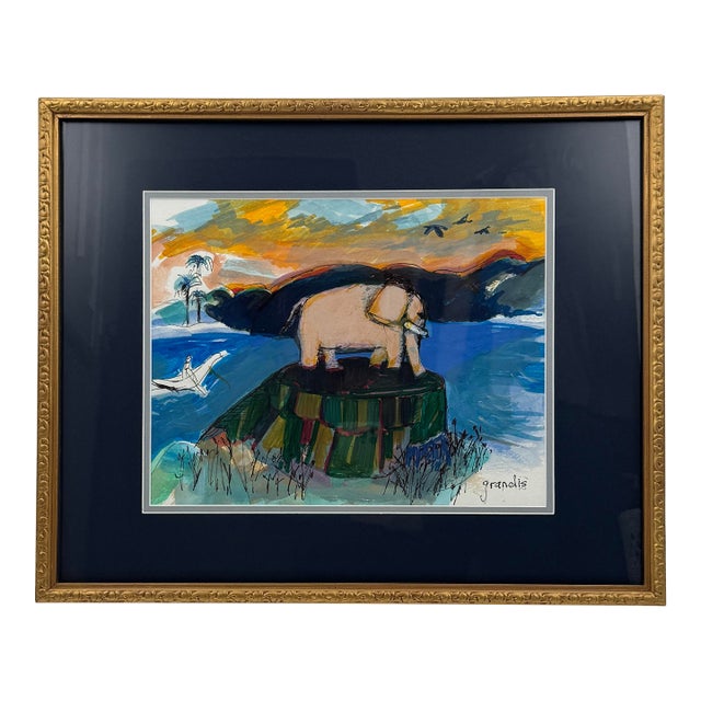 Signed Barbara Grandis Original Watercolor & Ink Elephant Painting Framed For Sale