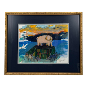 Signed Barbara Grandis Original Watercolor & Ink Elephant Painting Framed