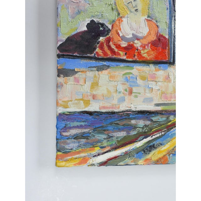 Contemporary oil on canvas expressionist painting of blonde woman and dog by K. C. Bacon (20th, 21st c.) Washington....