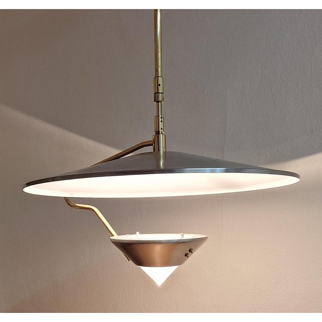 Vintage Height-Adjustable Ceiling Lamp with Metal Reflector and Brass Frame by Honsel For Sale - Image 3 of 9