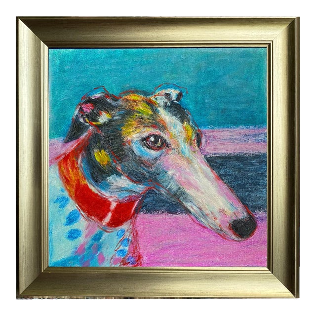 Original Greyhound Portrait Painting in Brushed Gold Frame, Oil Chalk, 14" X 14" by Tatiana Duperault For Sale