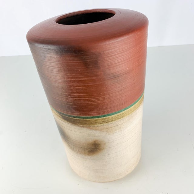 Abstract Large Vintage Studio Pottery Vase Nancy Valk Round Brown Signed Raku Stoneware For Sale - Image 3 of 8