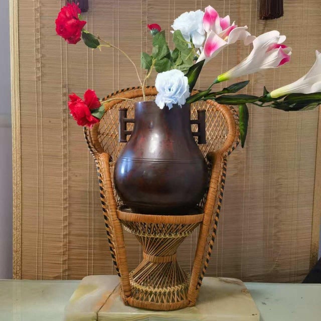 Vintage Japanese Hand-Woven Bamboo Peacock Chair Stand - Wabi Sabi Rattan Display Riser For Sale - Image 9 of 10