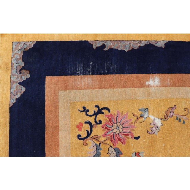 Chinese Art Deco Rug With Large Vining Flowers in Yellow and Blue 9'6 X 13'5 For Sale - Image 10 of 12