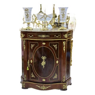 1990s Louis XVI Marble Top Commode With Top Drawer & Marquetry Inlay For Sale