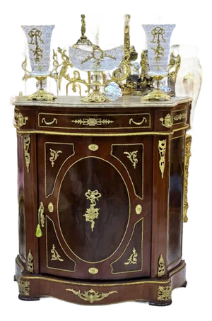 1990s Louis XVI Marble Top Commode With Top Drawer & Marquetry Inlay