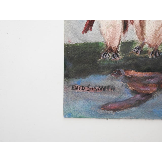 Mid 20th century watercolor on paper surreal painting of penguins and a flying saucer by Enid S. Smith (20th century)...