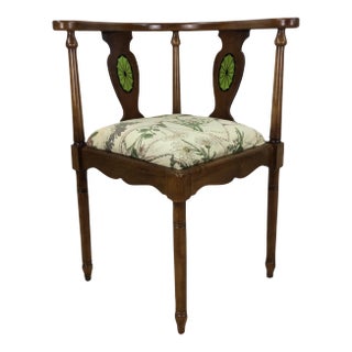 Antique Corner Chair With Unique Inlaid Back and Vintage Upholstery For Sale