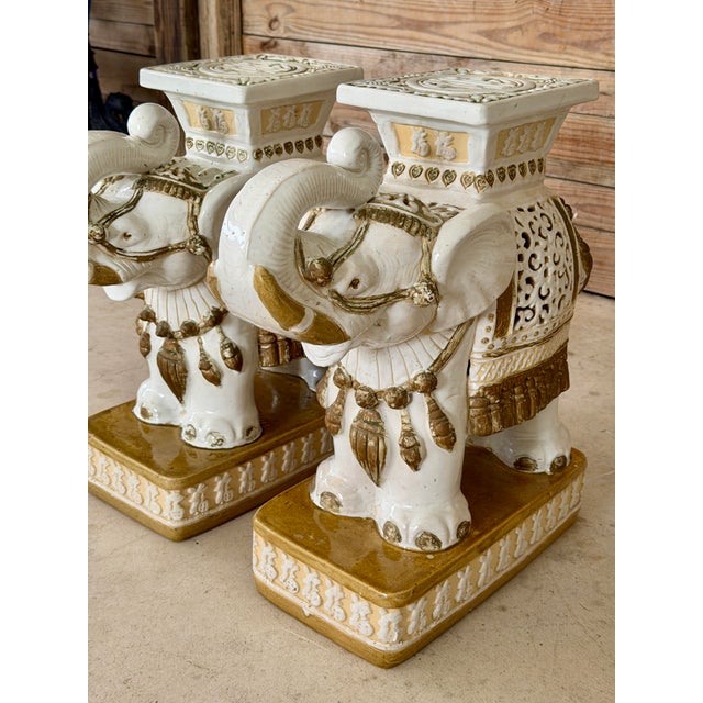 Vintage Chinoiserie Regency Glazed Terracotta Ceramic Elephant Garden Side Tables For Sale - Image 9 of 11