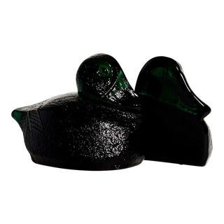 Emerald Green Textured Glass Duck Bookends For Sale