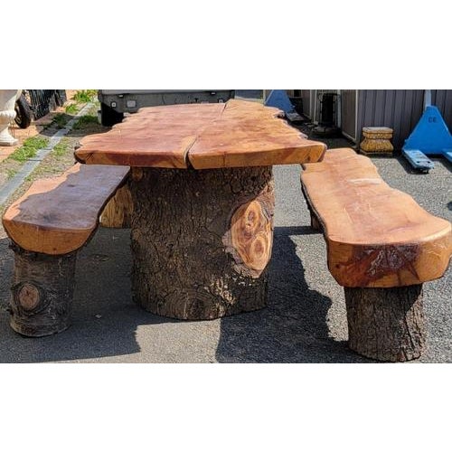 Folk Art Wooden Table with Benches, Set of 3 For Sale - Image 4 of 5