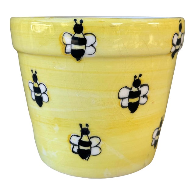 Vintage Mid 20th Century Yellow Hand Painted Bees Ceramic Flower Pot For Sale
