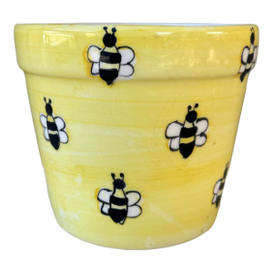 Vintage Mid 20th Century Yellow Hand Painted Bees Ceramic Flower Pot