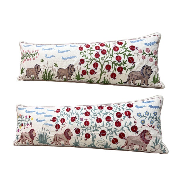 Mid-Century Modern White Lion Suzani Lumbar Pillow Cover 18'' X 54'' - Set of Two For Sale - Image 3 of 4