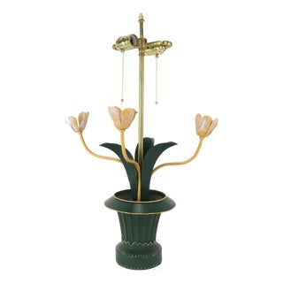 Vintage Brunschwig & Fils Toleware Flower Table Lamp, Yellow and Pink Tulip Design For Sale