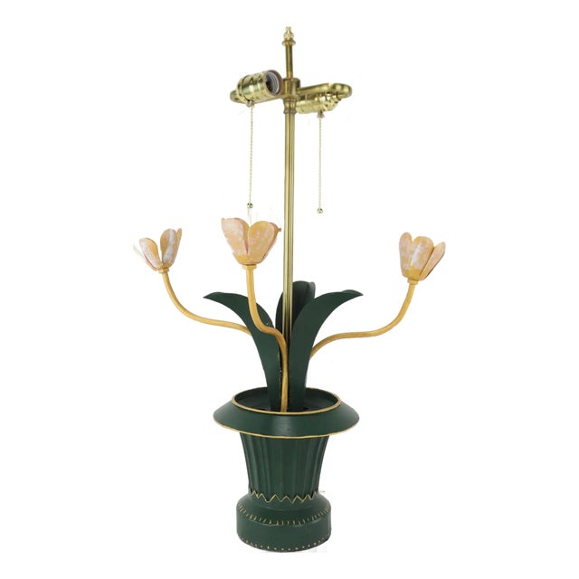 Vintage Brunschwig & Fils Toleware Flower Table Lamp, Yellow and Pink Tulip Design For Sale
