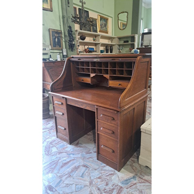 American Oak Roller Desk, 1920s For Sale - Image 3 of 5