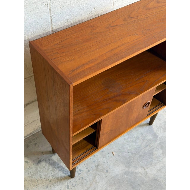 Brown Vintage Danish Modern Teak Bookcase Cabinet Sliding Doors Mid Century Scandinavian Shelf For Sale - Image 8 of 9