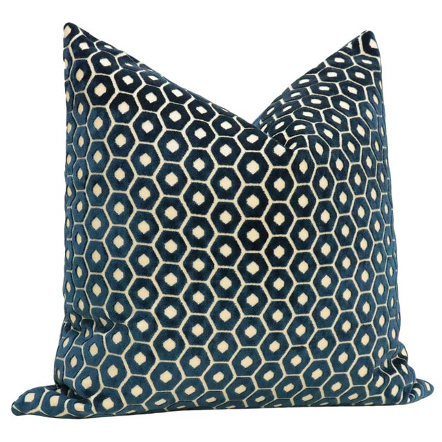 Contemporary 22" Navy Blue Paloma Cut Velvet Pillows - a Pair For Sale - Image 3 of 5