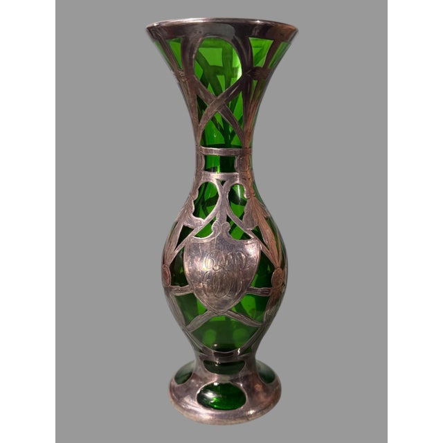 Antique Art Nouveau Sterling Silver Overlay Green Art Glass 8" Vase In very nice original condition showing some typical...