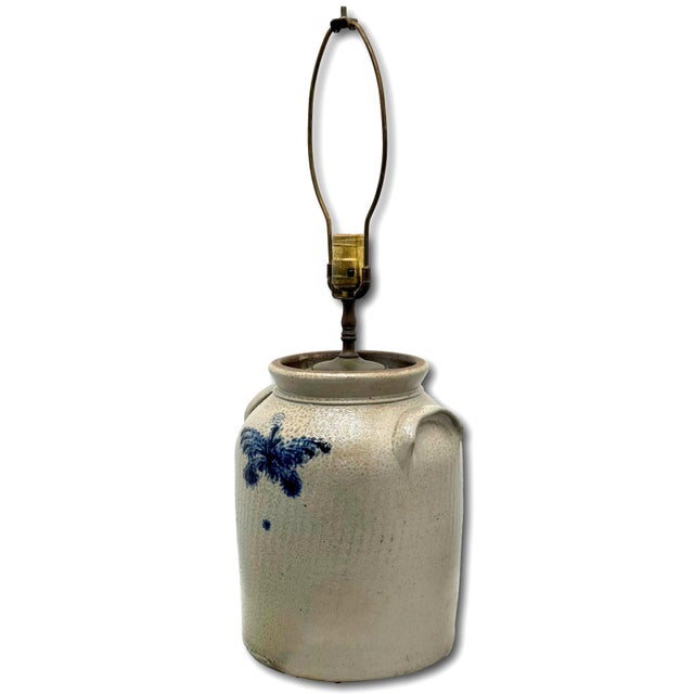 Nice Antique 1870s American Blue Butterfly Decorated 2 Gallon Stoneware Storage Jar - Table Lamp Base Conversion For Sale - Image 13 of 18