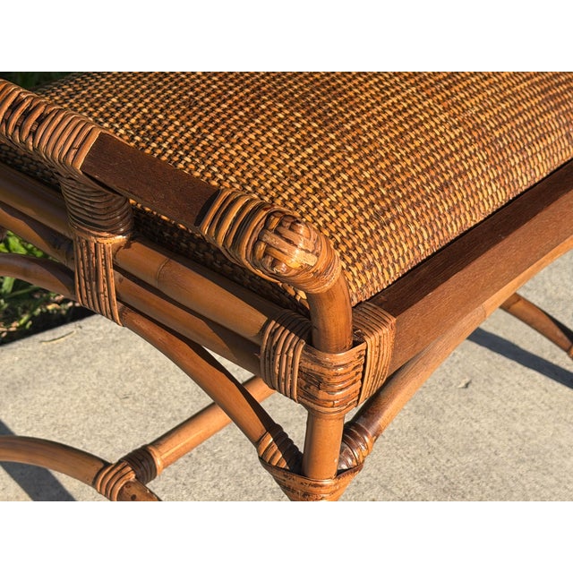 Contemporary Vintage Palm Beach Woven Rattan and Wood Foot Stool For Sale - Image 3 of 12