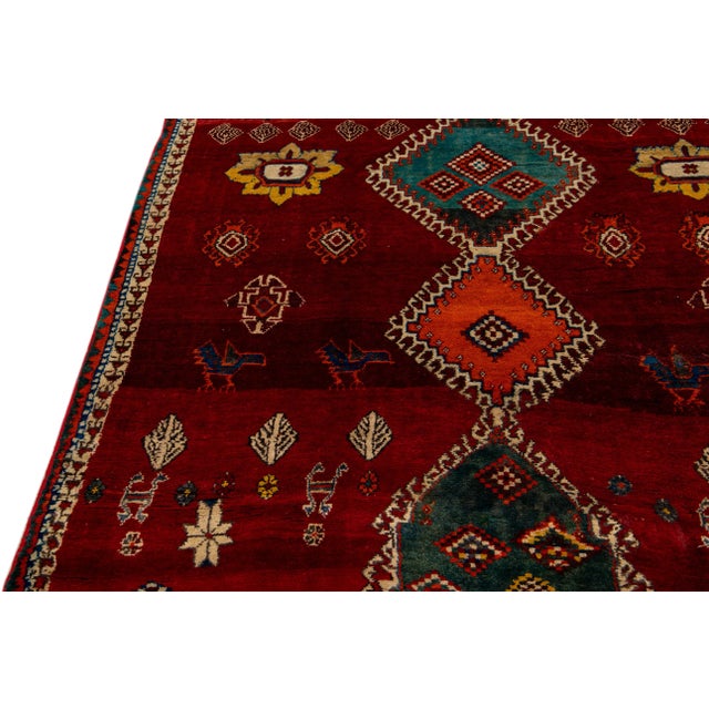 Red Vintage Shiraz Handmade Pictorial Designed Wool Rug For Sale - Image 9 of 10