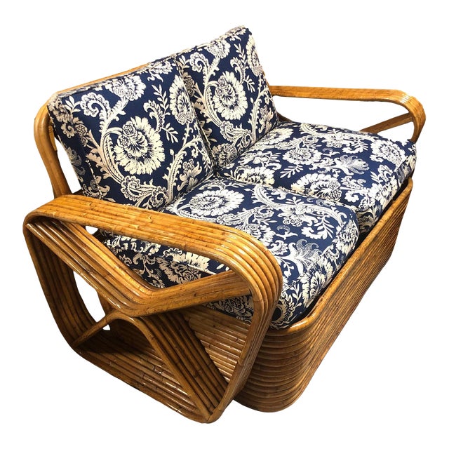 Restored MCM Six-Strand Double Triangle Pretzel Arm Tortoise Shell Rattan Settee For Sale