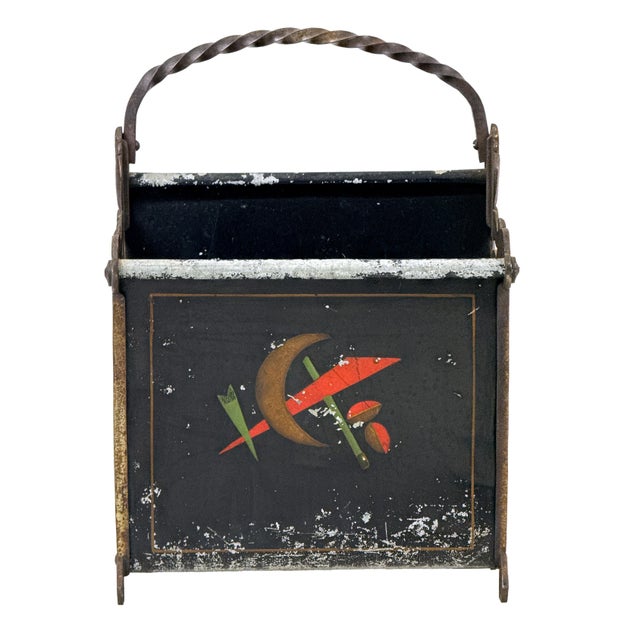 Metal Antique 1920s Art Deco Magazine Rack W/ Constructivist Style Geometric Motif & Ornate Cast Iron Gazelle End Panels For Sale - Image 7 of 18