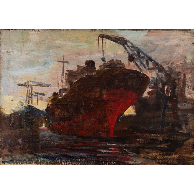 Eric Rebane (Russian, 1922-1999), "At the Port. Ship.", Oil on Canvas, circa 1950, unsigned, with a Certificate of...