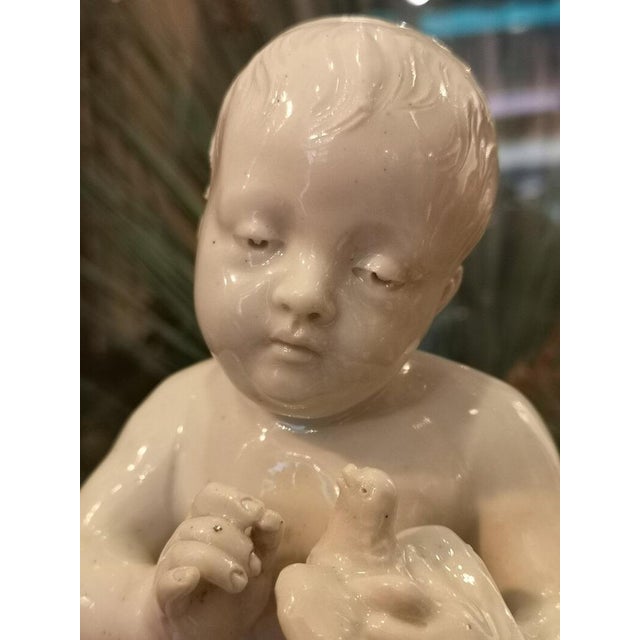 White porcelain figurine statue Little child with bird Girl Little boy Kid SIGNED Sculpture Art Angel Putti Cherub...