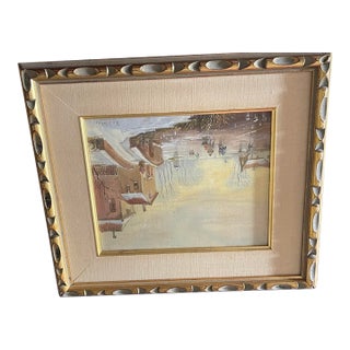 Mid 20th Century Dutch Winter Village Oil Painting, Signed, Gilt Frame For Sale
