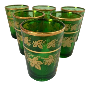 Set of Six Handblown Italian Moorish Green With Gold Shot Glasses
