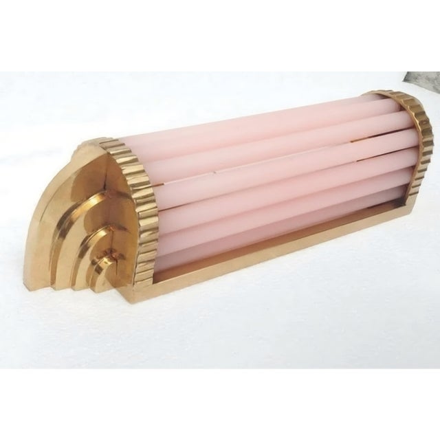 Art Deco Vintage Art Deco Light Old Lamp Wall Sconces Fixture Brass & Pink Glass Rod Ship Light - Pair For Sale - Image 3 of 4