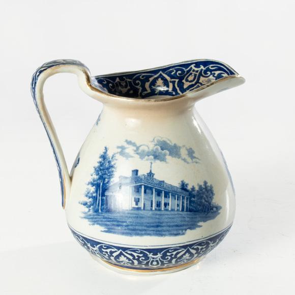 Antique Buffalo Pottery Blue and White Geroge Washington Mount Vernon Transferware Pitcher For Sale - Image 6 of 7